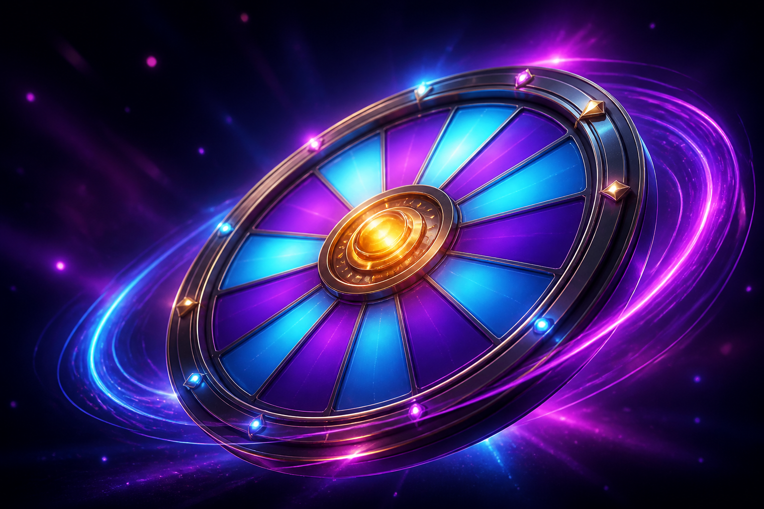 Orbit Spin Wheel turning inside violet and cyan light trails
