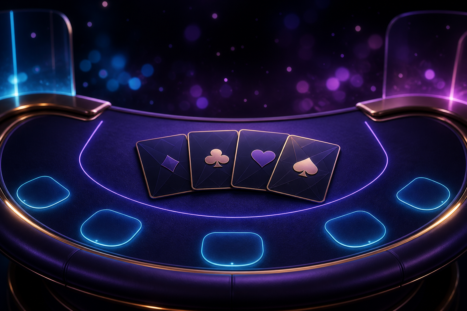 Midnight Velvet 21 card table lit with violet and cyan seat markers